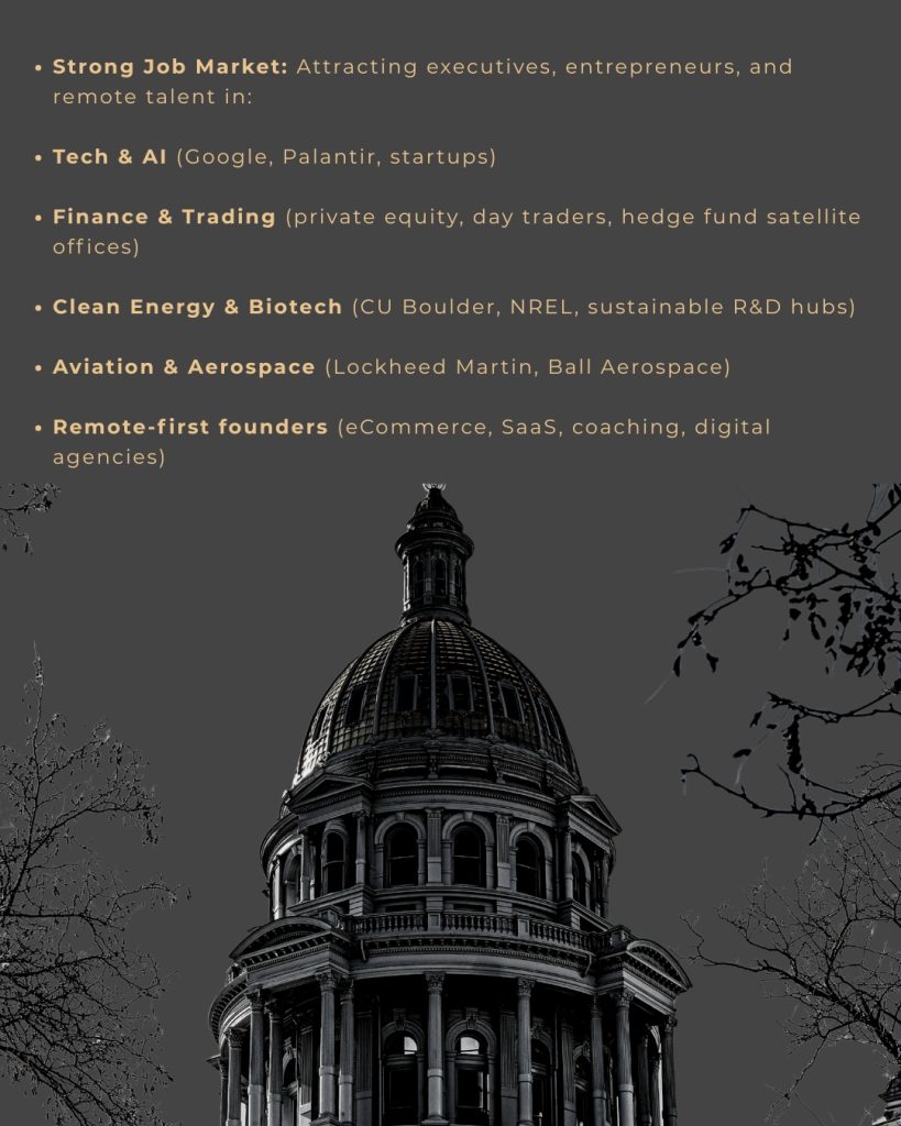 Colorado State Capitol building, representing the strong job market in tech, finance, and aerospace attracting new talent.