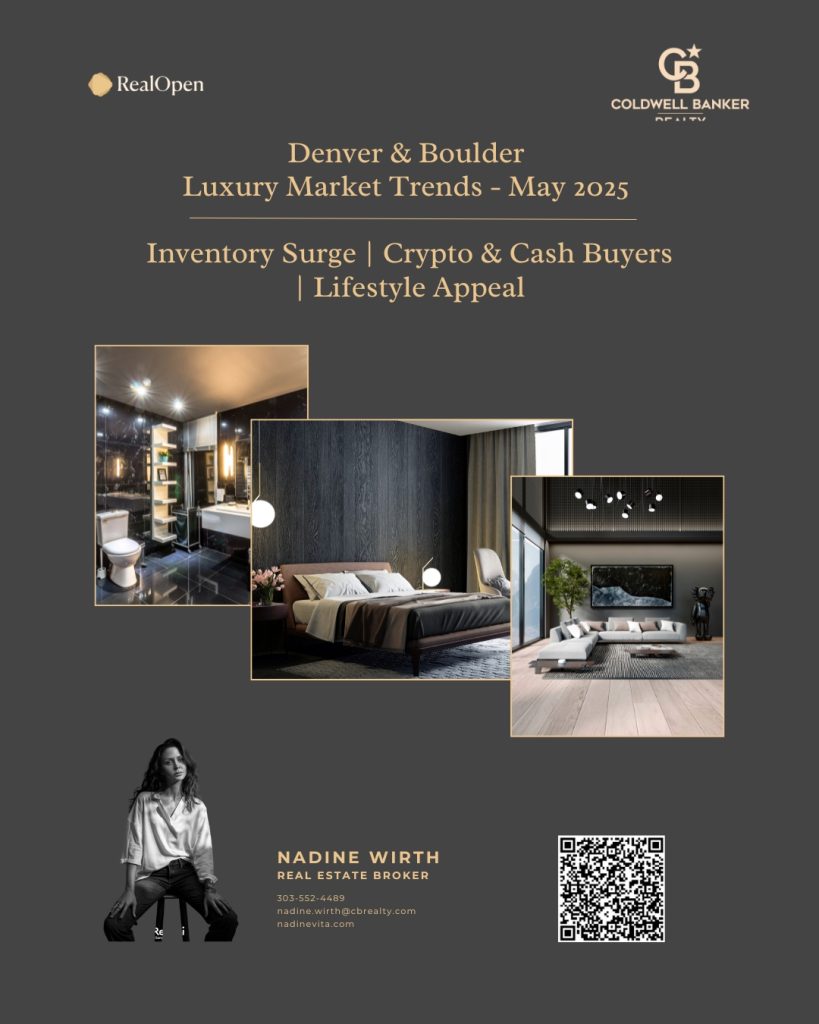 Cover page for the Denver & Boulder Luxury Market Trends report for May 2025 by Nadine Wirth.